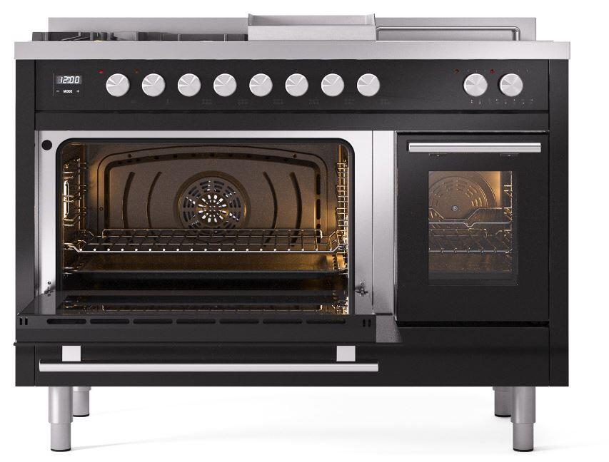 Ilve UP48FSWMPBK Professional Plus Ii 48 Inch Dual Fuel Natural Gas Freestanding Range In Glossy Black With Trim