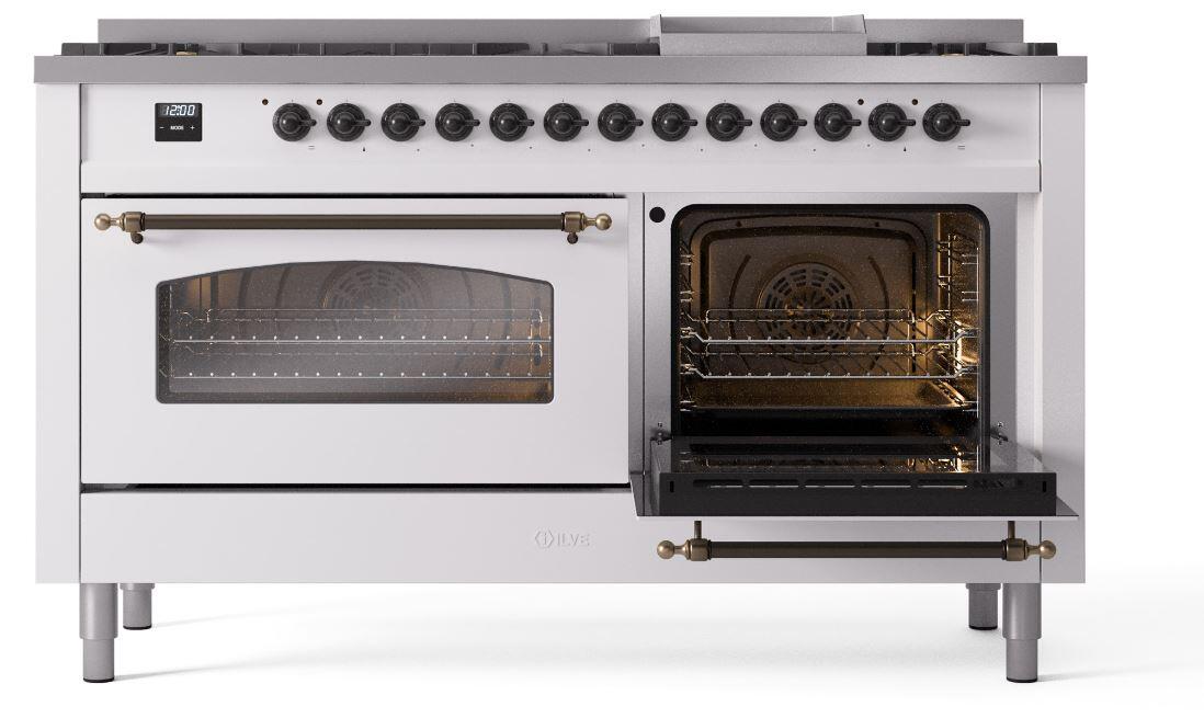 Ilve UP60FNMPWHB Nostalgie Ii 60 Inch Dual Fuel Natural Gas Freestanding Range In White With Bronze Trim