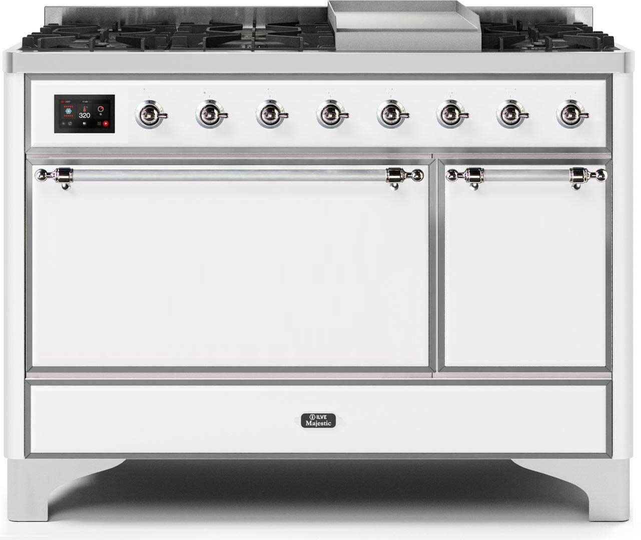 Ilve UM12FDQNS3WHC Majestic Ii 48 Inch Dual Fuel Natural Gas Freestanding Range In White With Chrome Trim