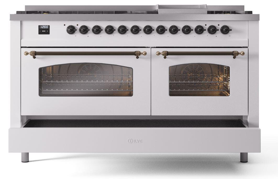 Ilve UP60FNMPWHBLP Nostalgie Ii 60 Inch Dual Fuel Liquid Propane Freestanding Range In White With Bronze Trim