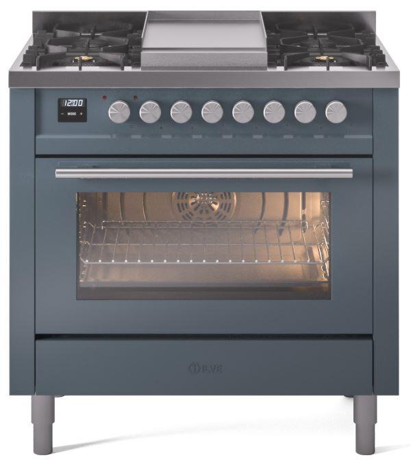 Ilve UP36FWMPBG Professional Plus Ii 36 Inch Dual Fuel Natural Gas Freestanding Range In Blue Grey With Trim