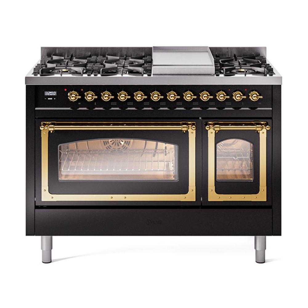 Ilve UN48FNMPBKG Ilve Un48Fnmpbkg Nostalgie Ii Noblesse 48" Dual Fuel Range (8 Sealed Burners + Griddle, Natural Gas, Triple Glass Door, Glossy Black, Brass)