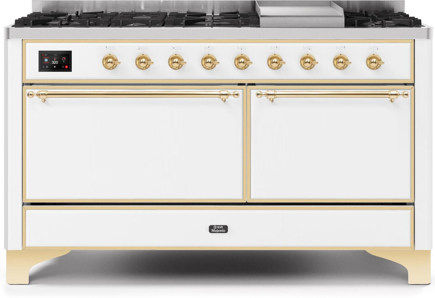 Ilve UM15FDQNS3WHGLP Majestic Ii 60 Inch Dual Fuel Liquid Propane Freestanding Range In White With Brass Trim