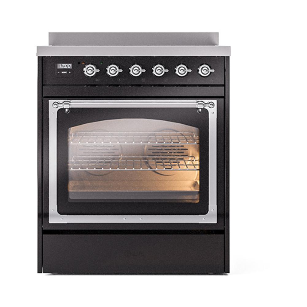 Ilve UNI304NMPBKC Ilve Uni304Nmpbkc Nostalgie Ii Noblesse 30" Induction Range (Triple Glass Door, Glossy Black, Chrome)