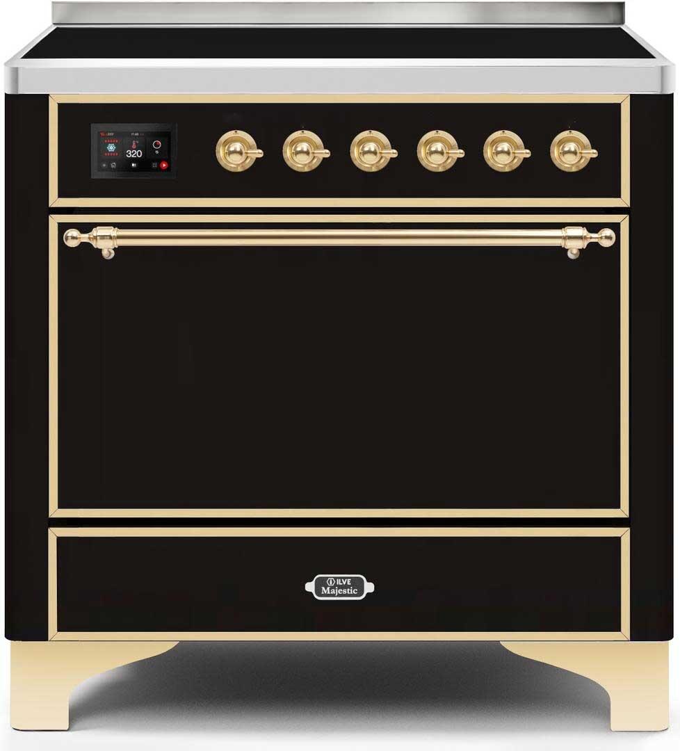 Ilve UMI09QNS3BKG Majestic Ii 36 Inch Electric Freestanding Range In Glossy Black With Brass Trim