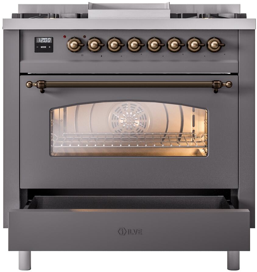 Ilve UP36FNMPMGB Nostalgie Ii 36 Inch Dual Fuel Natural Gas Freestanding Range In Matte Graphite With Bronze Trim