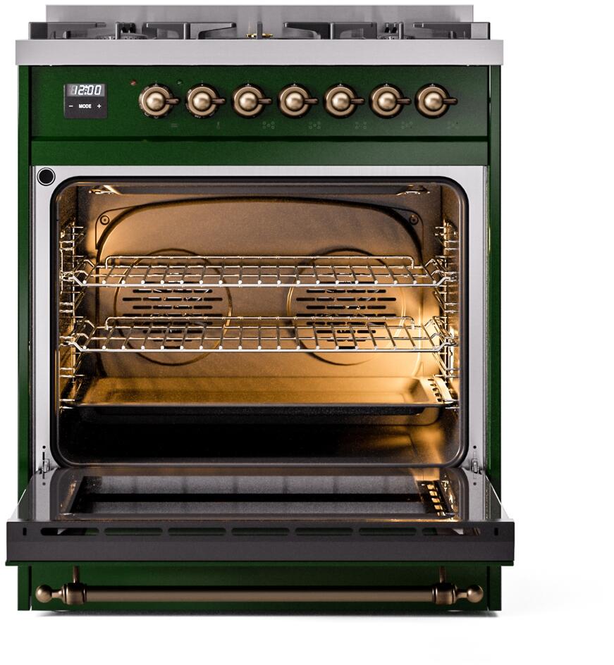 Ilve UP30NMPEGB Nostalgie Ii 30 Inch Dual Fuel Natural Gas Freestanding Range In Emerald Green With Bronze Trim