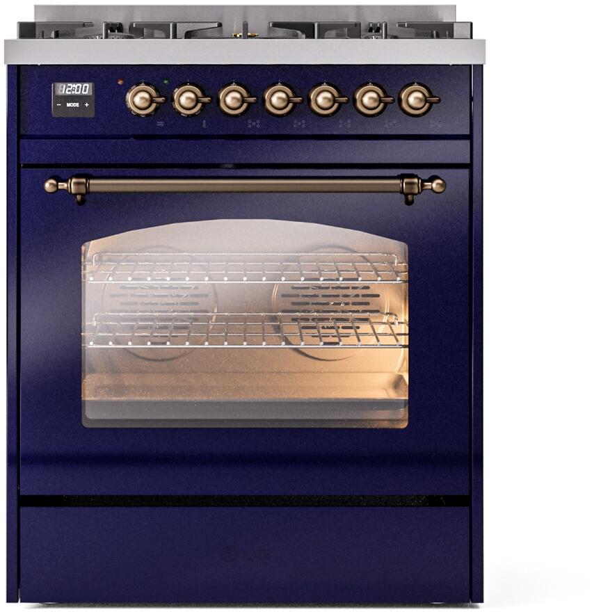 Ilve UP30NMPMBB Nostalgie Ii 30 Inch Dual Fuel Natural Gas Freestanding Range In Blue With Bronze Trim