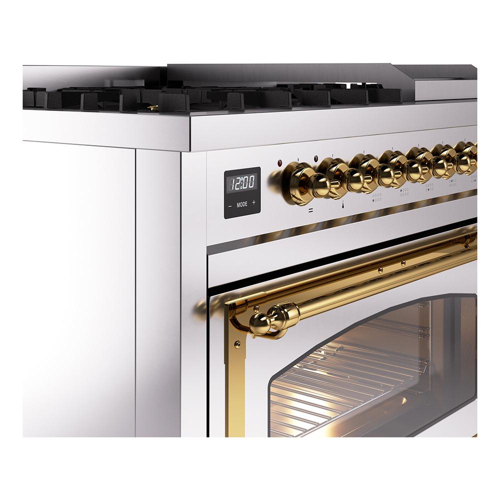 Ilve UN48FNMPSSG Ilve Un48Fnmpssg Nostalgie Ii Noblesse 48" Dual Fuel Range (8 Sealed Burners + Griddle, Natural Gas, Triple Glass Door, Stainless Steel, Brass)