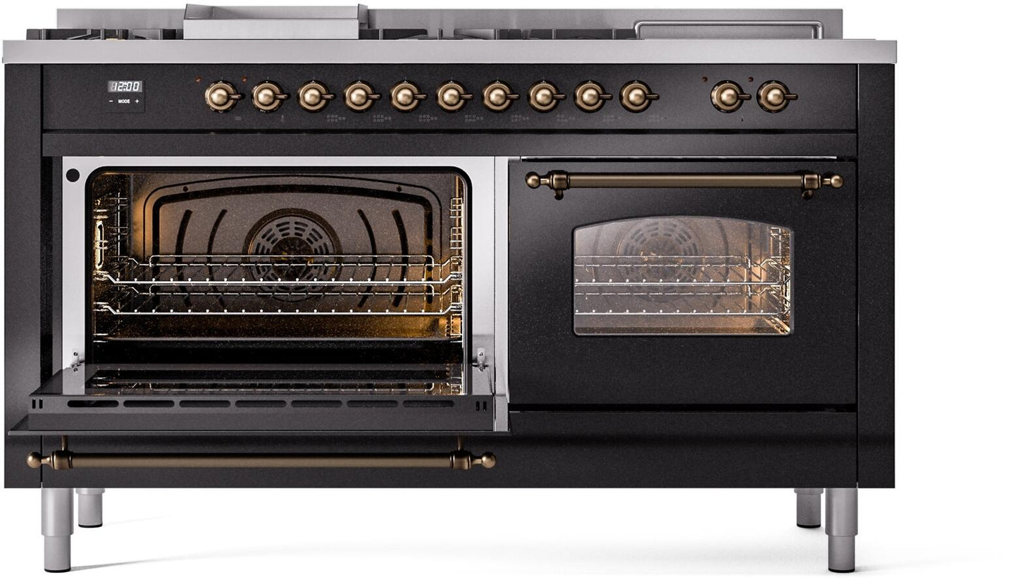 Ilve UP60FSNMPBKBLP Nostalgie Ii 60 Inch Dual Fuel Liquid Propane Freestanding Range In Glossy Black With Bronze Trim