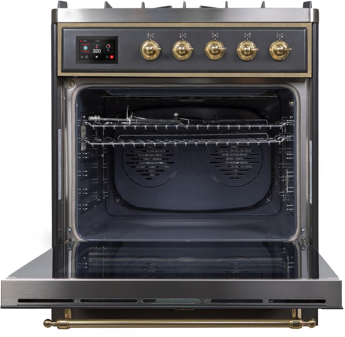 Ilve UM30DNE3MGGLP Majestic Ii 30 Inch Dual Fuel Liquid Propane Freestanding Range In Matte Graphite With Brass Trim