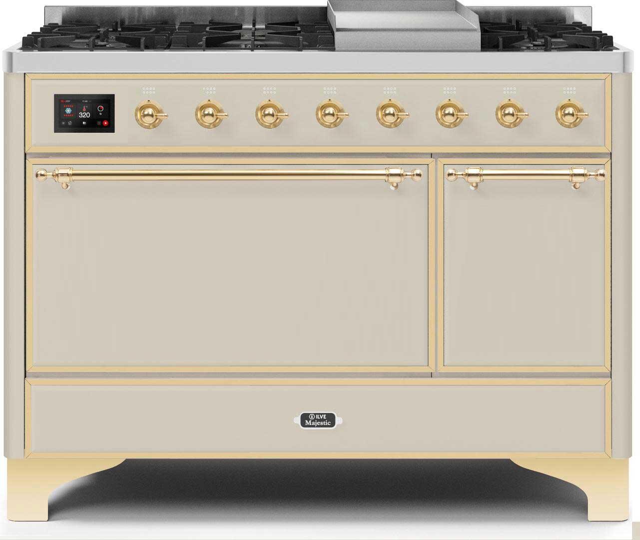 Ilve UM12FDQNS3AWGLP Majestic Ii 48 Inch Dual Fuel Liquid Propane Freestanding Range In Antique White With Brass Trim