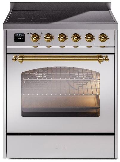 Ilve UPI304NMPSSG Nostalgie Ii 30 Inch Electric Freestanding Range In Stainless Steel With Brass Trim