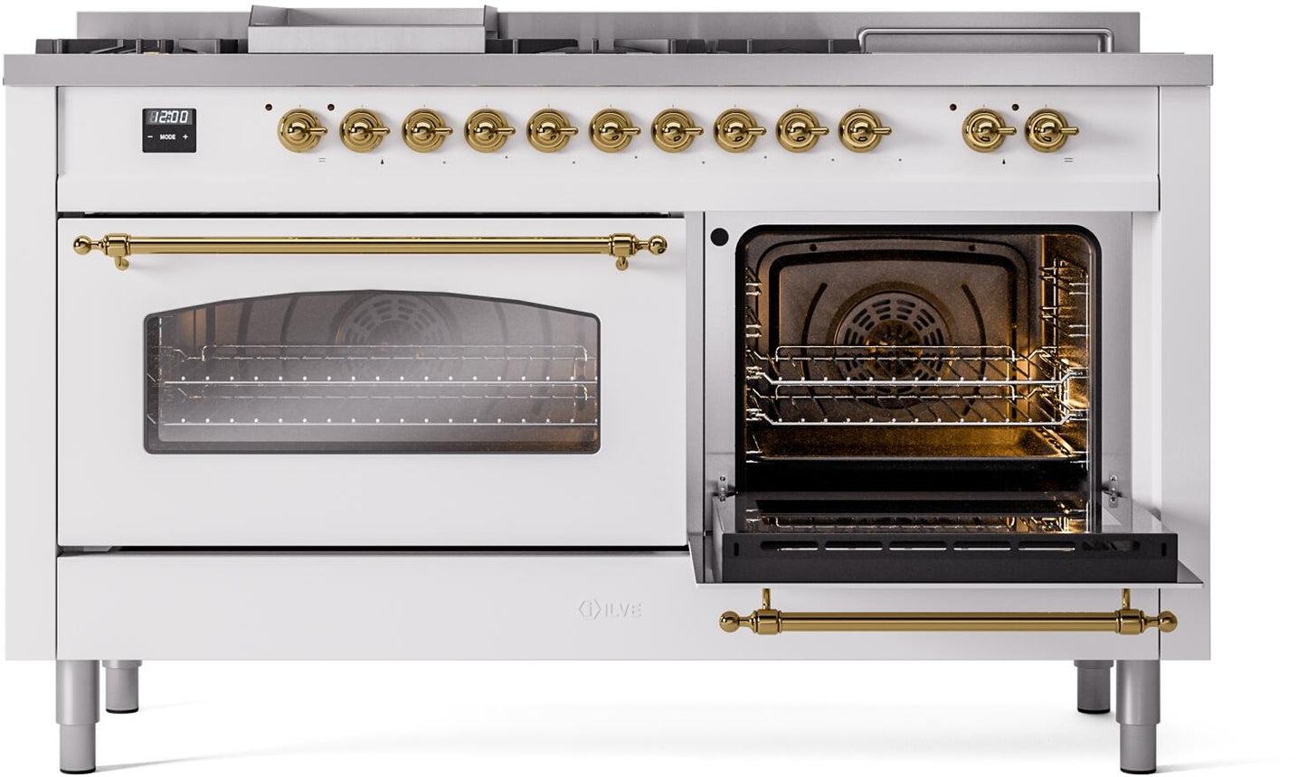 Ilve UP60FSNMPWHG Nostalgie Ii 60 Inch Dual Fuel Natural Gas Freestanding Range In White With Brass Trim