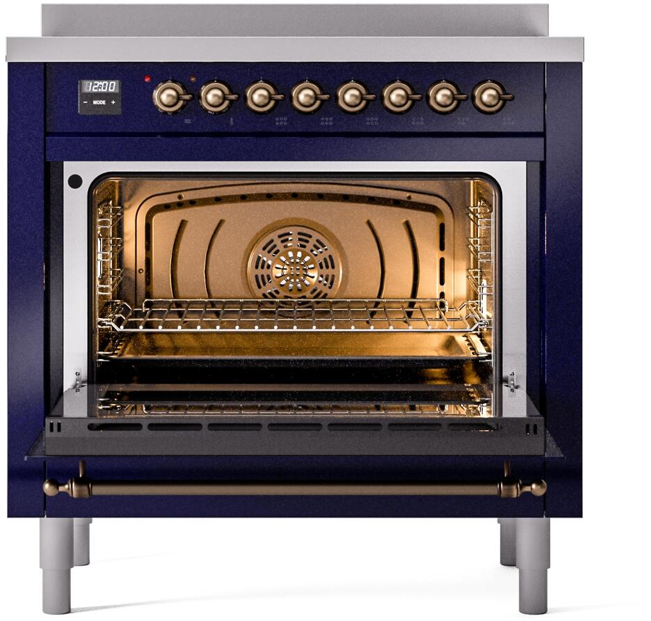 Ilve UPI366NMPMBB Nostalgie Ii 36 Inch Electric Freestanding Range In Blue With Bronze Trim