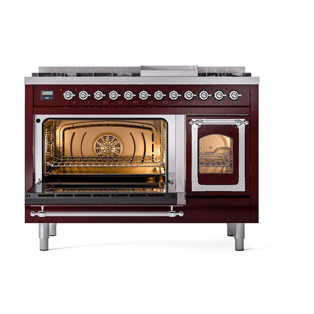 Ilve UN48FNMPBUCLP Ilve Un48Fnmpbuclp Nostalgie Ii Noblesse 48" Dual Fuel Range (8 Sealed Burners + Griddle, Liquid Propane, Triple Glass Door, Burgundy, Chrome)