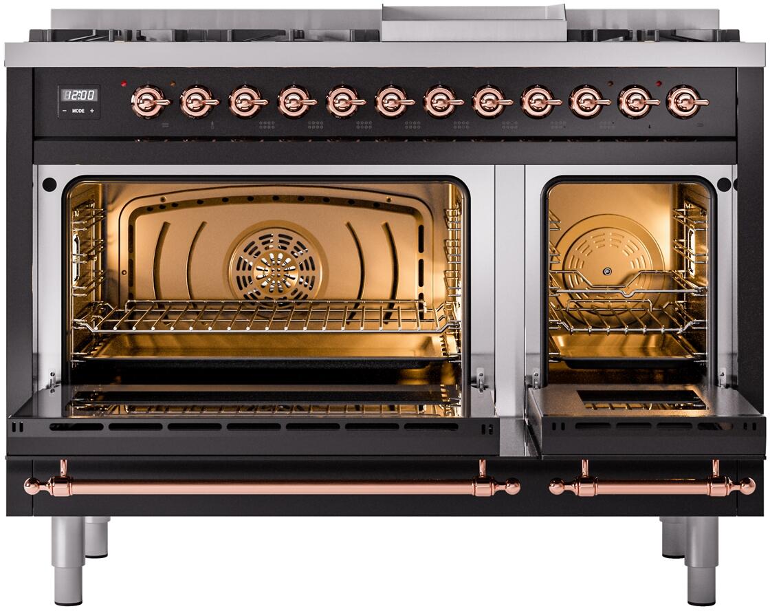 Ilve UP48FNMPBKPLP Nostalgie Ii 48 Inch Dual Fuel Liquid Propane Freestanding Range In Glossy Black With Copper Trim