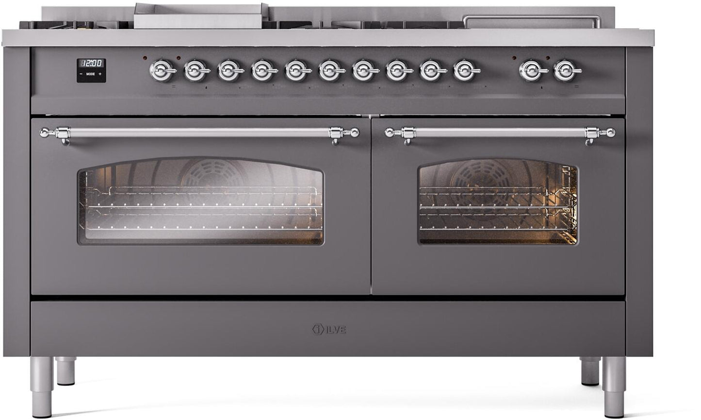 Ilve UP60FSNMPMGC Nostalgie Ii 60 Inch Dual Fuel Natural Gas Freestanding Range In Matte Graphite With Chrome Trim