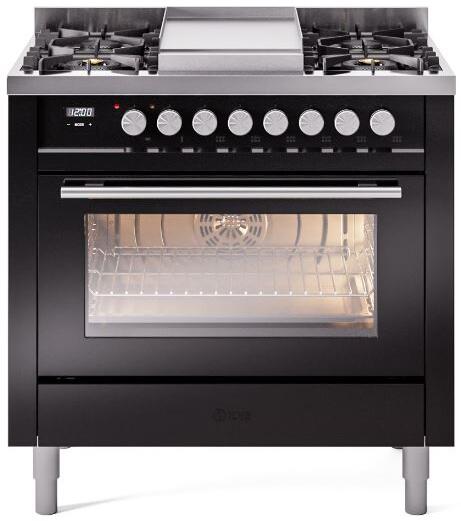 Ilve UP36FWMPBKLP Professional Plus Ii 36 Inch Dual Fuel Liquid Propane Freestanding Range In Glossy Black With Trim