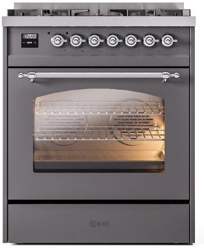 Ilve UP30NMPMGCLP Nostalgie Ii 30 Inch Dual Fuel Liquid Propane Freestanding Range In Matte Graphite With Chrome Trim