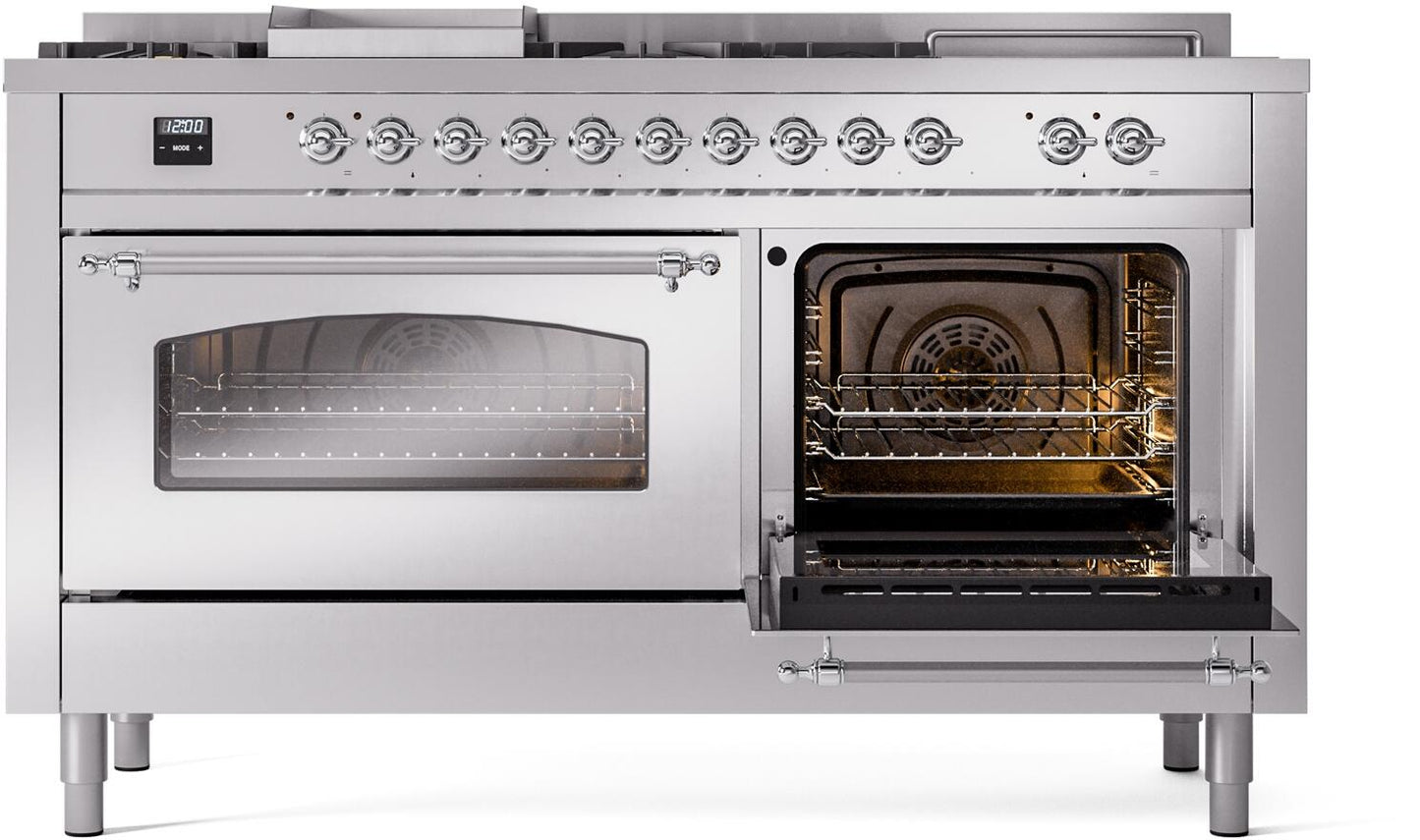 Ilve UP60FSNMPSSC Nostalgie Ii 60 Inch Dual Fuel Natural Gas Freestanding Range In Stainless Steel With Chrome Trim