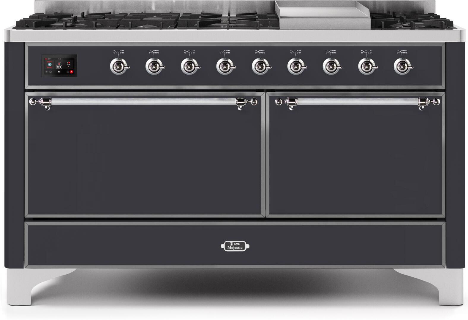 Ilve UM15FDQNS3MGC Majestic Ii 60 Inch Dual Fuel Natural Gas Freestanding Range In Matte Graphite With Chrome Trim