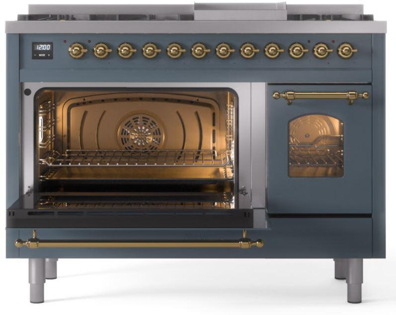 Ilve UP48FNMPBGGLP Nostalgie Ii 48 Inch Dual Fuel Liquid Propane Freestanding Range In Blue Grey With Brass Trim