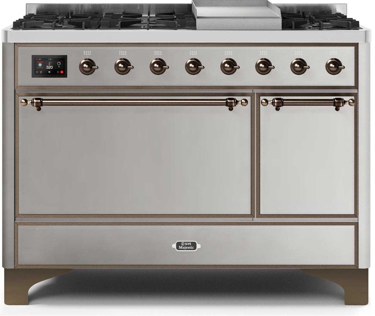 Ilve UM12FDQNS3SSBLP Majestic Ii 48 Inch Dual Fuel Liquid Propane Freestanding Range In Stainless Steel With Bronze Trim