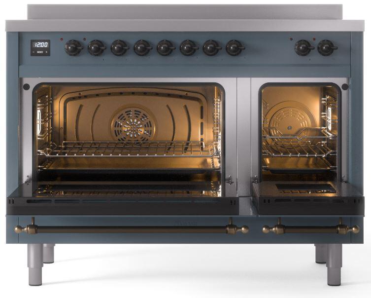 Ilve UPI486NMPBGB Nostalgie Ii 48 Inch Electric Freestanding Range In Blue Grey With Bronze Trim