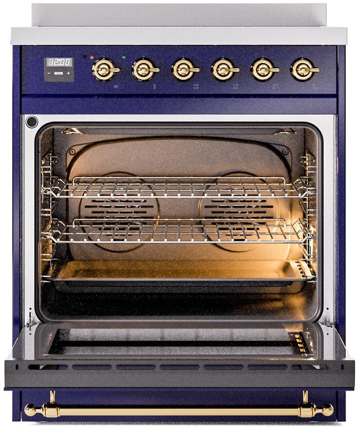 Ilve UPI304NMPMBG Nostalgie Ii 30 Inch Electric Freestanding Range In Blue With Brass Trim