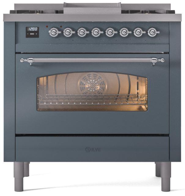 Ilve UP36FNMPBGC Nostalgie Ii 36 Inch Dual Fuel Natural Gas Freestanding Range In Blue Grey With Chrome Trim