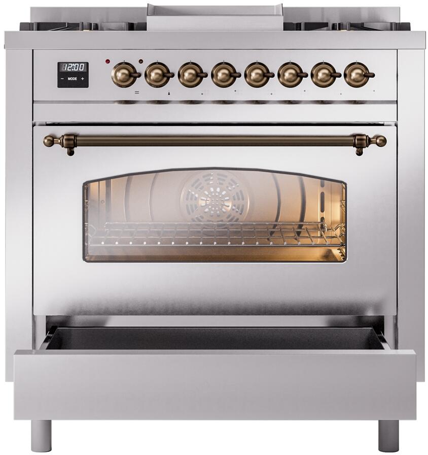 Ilve UP36FNMPSSBLP Nostalgie Ii 36 Inch Dual Fuel Liquid Propane Freestanding Range In Stainless Steel With Bronze Trim