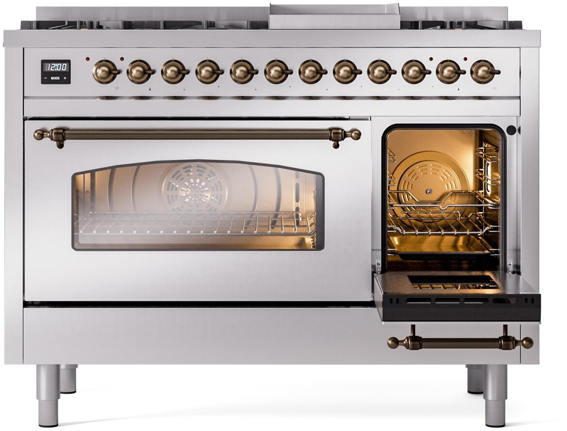 Ilve UP48FNMPSSB Nostalgie Ii 48 Inch Dual Fuel Natural Gas Freestanding Range In Stainless Steel With Bronze Trim