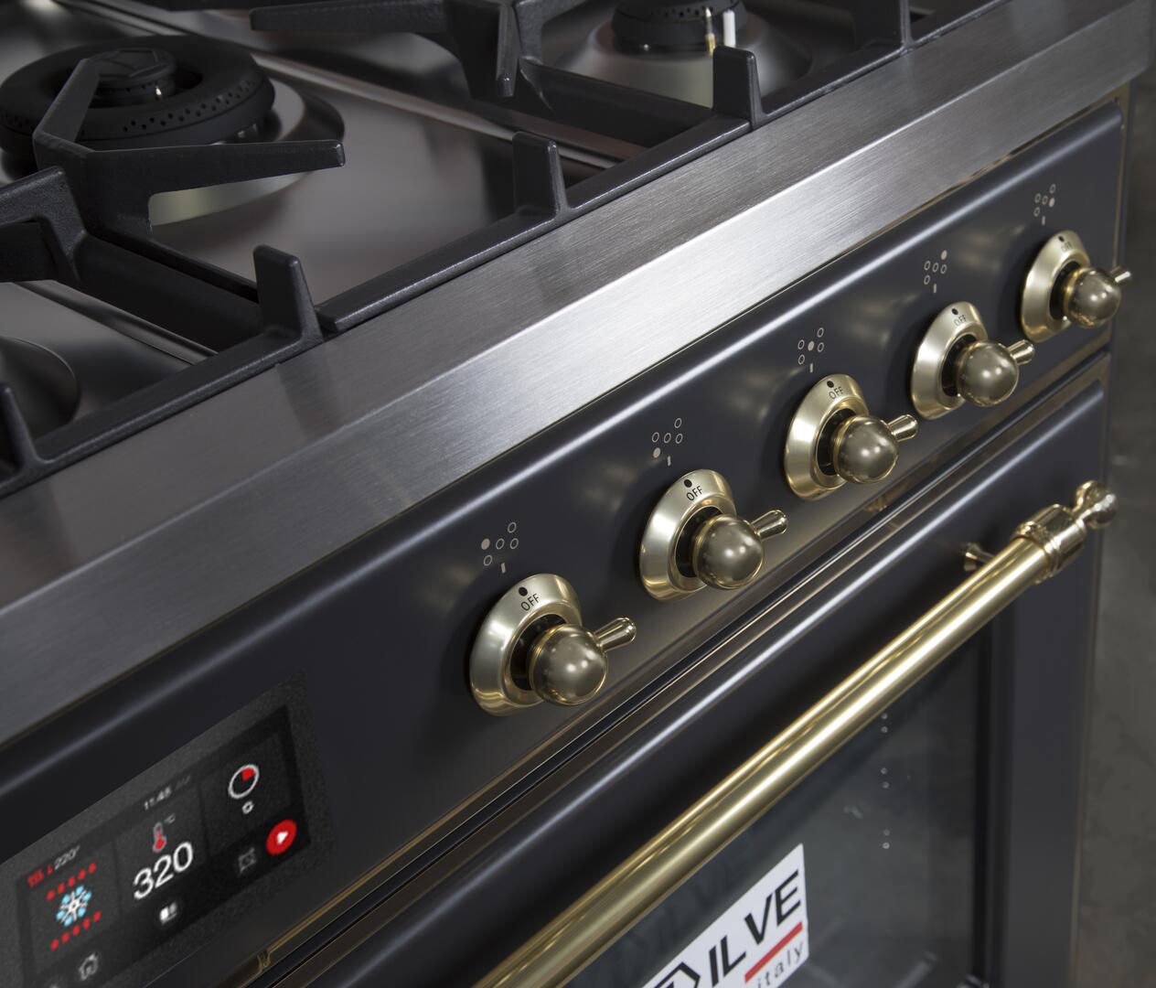 Ilve UM30DNE3MGG Majestic Ii 30 Inch Dual Fuel Natural Gas Freestanding Range In Matte Graphite With Brass Trim