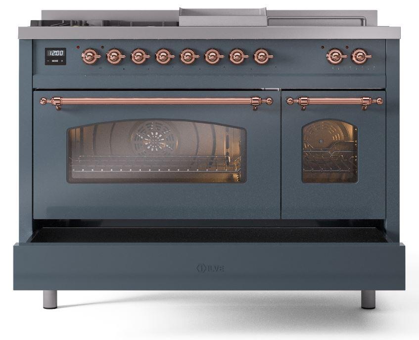 Ilve UP48FSNMPBGPLP Nostalgie Ii 48 Inch Dual Fuel Liquid Propane Freestanding Range In Blue Grey With Copper Trim