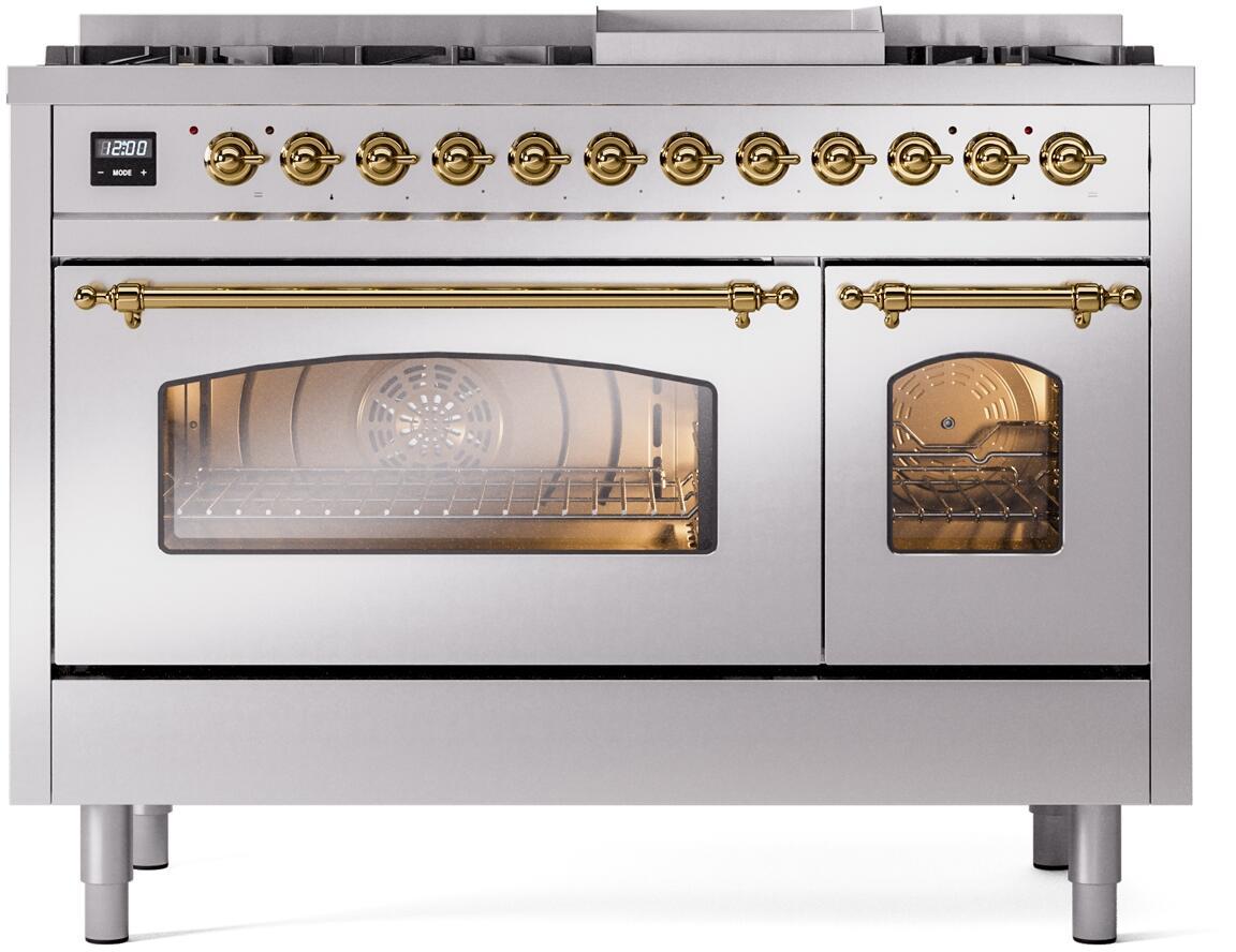 Ilve UP48FNMPSSG Nostalgie Ii 48 Inch Dual Fuel Natural Gas Freestanding Range In Stainless Steel With Brass Trim