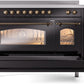 Ilve UPI486NMPBKB Nostalgie Ii 48 Inch Electric Freestanding Range In Glossy Black With Bronze Trim