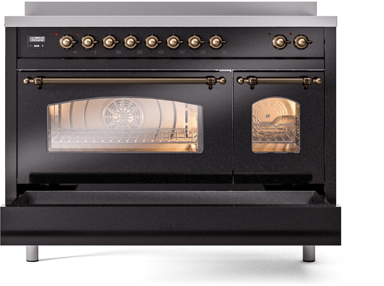 Ilve UPI486NMPBKB Nostalgie Ii 48 Inch Electric Freestanding Range In Glossy Black With Bronze Trim