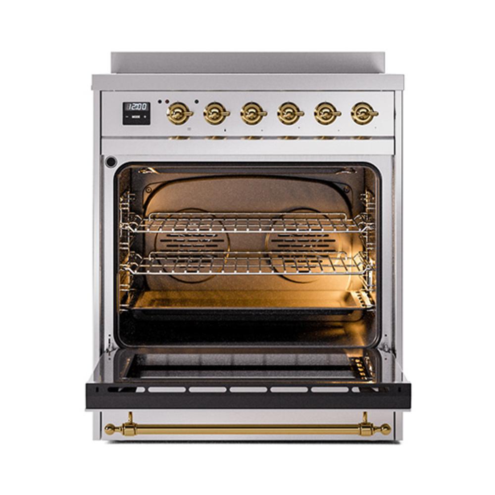 Ilve UNI304NMPSSG Ilve Uni304Nmpssg Nostalgie Ii Noblesse 30" Induction Range (Triple Glass Door, Stainless Steel, Brass)