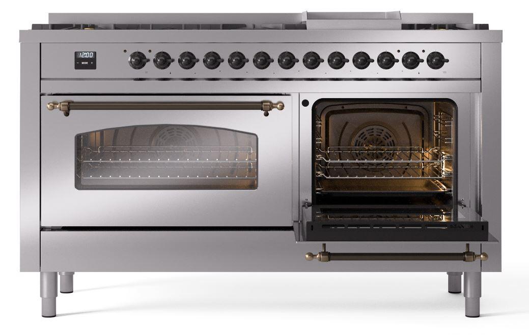 Ilve UP60FNMPSSB Nostalgie Ii 60 Inch Dual Fuel Natural Gas Freestanding Range In Stainless Steel With Bronze Trim