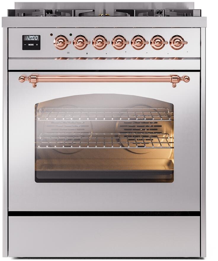 Ilve UP30NMPSSP Nostalgie Ii 30 Inch Dual Fuel Natural Gas Freestanding Range In Stainless Steel With Copper Trim