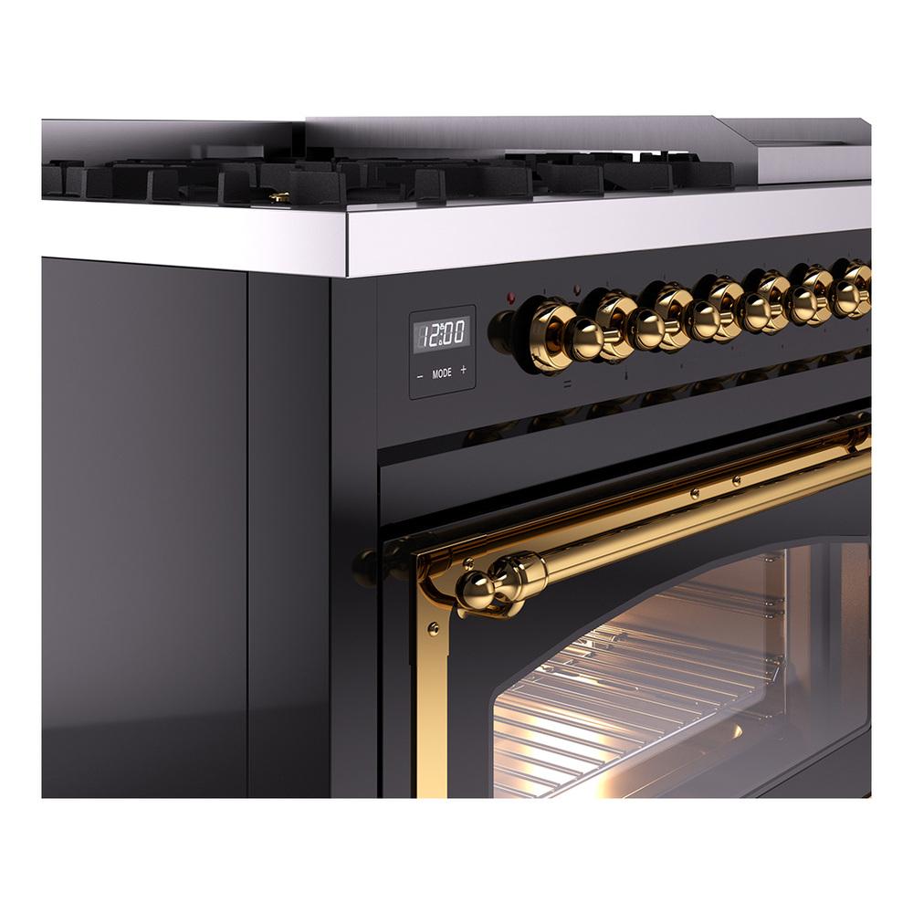 Ilve UN48FNMPBKG Ilve Un48Fnmpbkg Nostalgie Ii Noblesse 48" Dual Fuel Range (8 Sealed Burners + Griddle, Natural Gas, Triple Glass Door, Glossy Black, Brass)