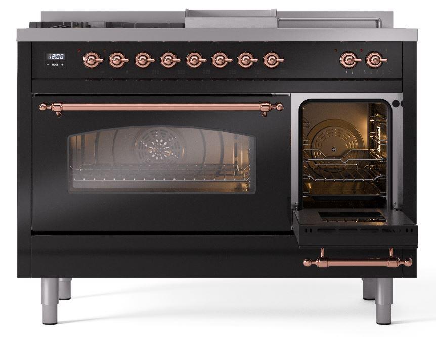 Ilve UP48FSNMPBKPLP Nostalgie Ii 48 Inch Dual Fuel Liquid Propane Freestanding Range In Glossy Black With Copper Trim