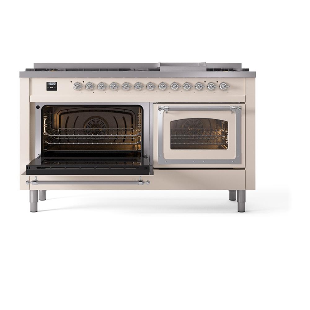 Ilve UN60FNMPAWC Ilve Un60Fnmpawc Nostalgie Ii Noblesse 60" Dual Fuel Range (9 Sealed Burners + Griddle, Natural Gas, Triple Glass Door, Antique White, Chrome)