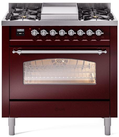 Ilve UP36FNMPBUCLP Nostalgie Ii 36 Inch Dual Fuel Liquid Propane Freestanding Range In Burgundy With Chrome Trim