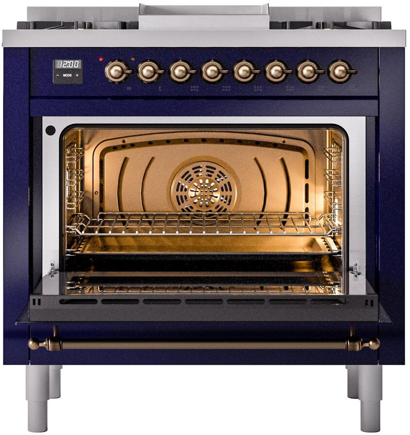 Ilve UP36FNMPMBB Nostalgie Ii 36 Inch Dual Fuel Natural Gas Freestanding Range In Blue With Bronze Trim