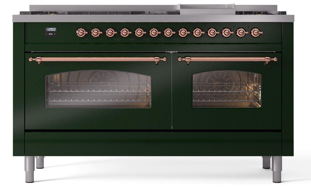 Ilve UP60FNMPEGPLP Nostalgie Ii 60 Inch Dual Fuel Liquid Propane Freestanding Range In Emerald Green With Copper Trim