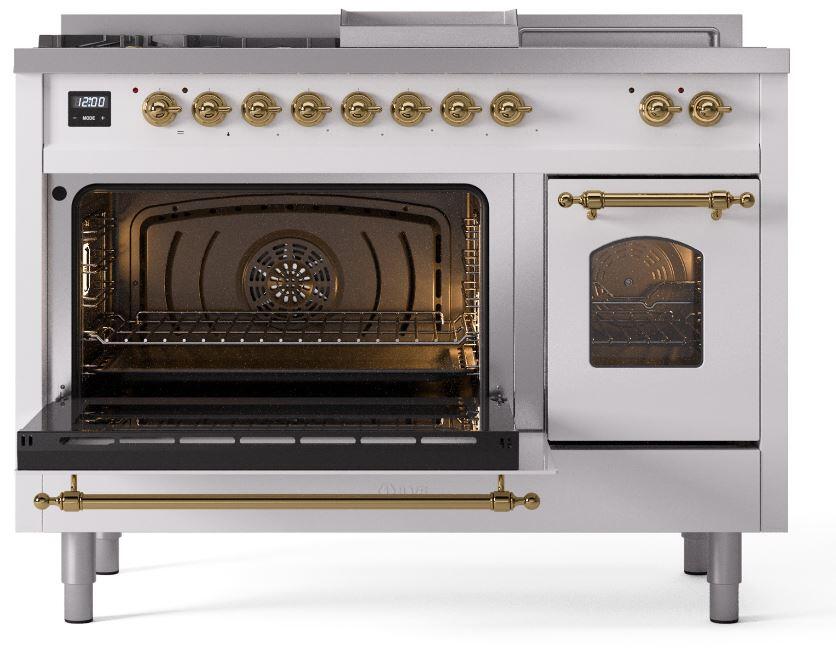 Ilve UP48FSNMPWHG Nostalgie Ii 48 Inch Dual Fuel Natural Gas Freestanding Range In White With Brass Trim