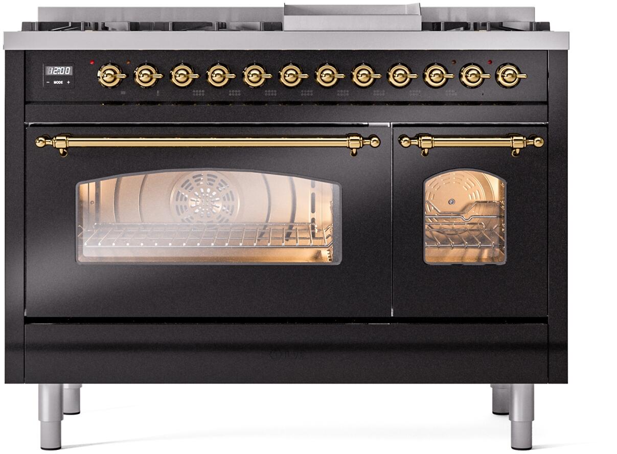 Ilve UP48FNMPBKG Nostalgie Ii 48 Inch Dual Fuel Natural Gas Freestanding Range In Glossy Black With Brass Trim