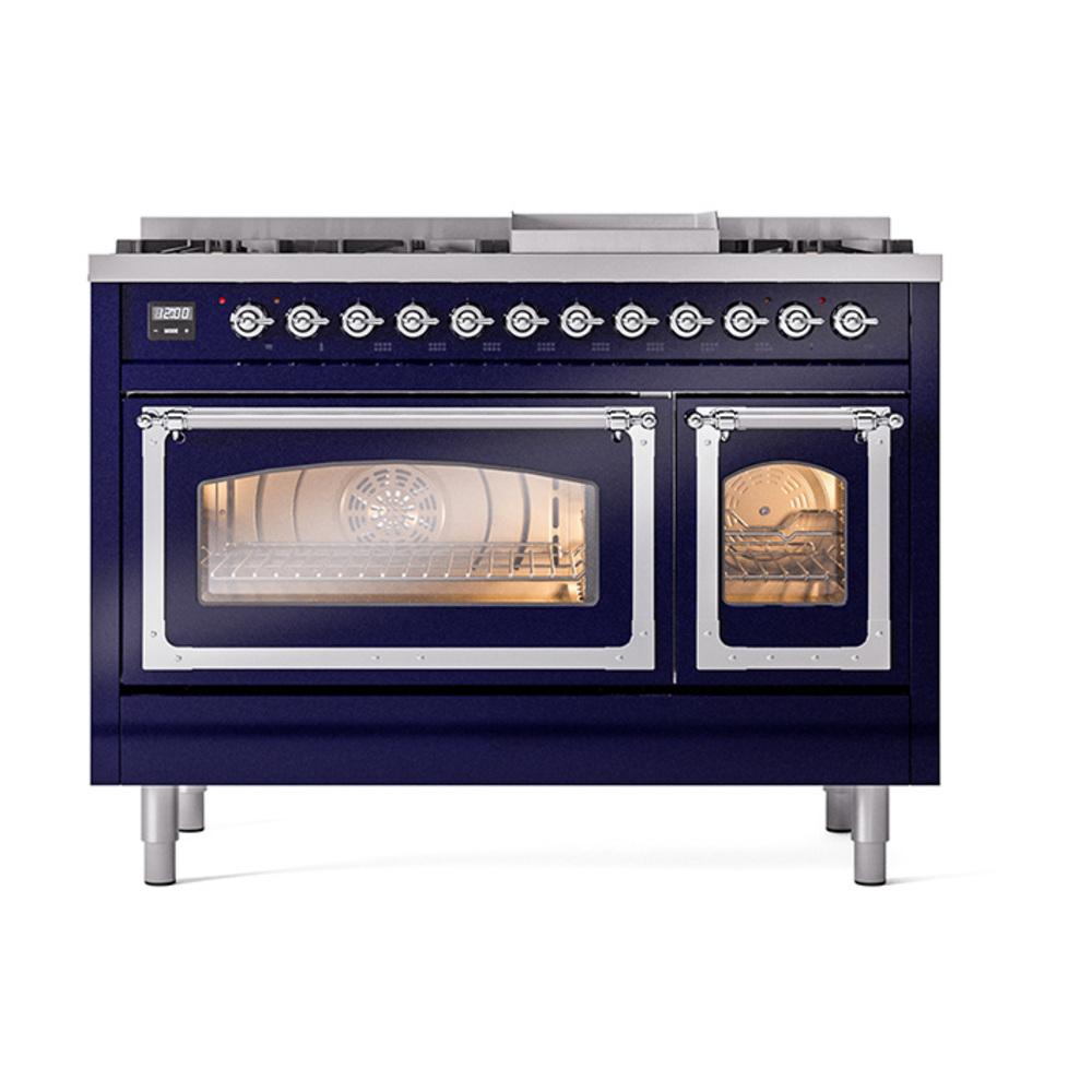 Ilve UN48FNMPMBCLP Ilve Un48Fnmpmbclp Nostalgie Ii Noblesse 48" Dual Fuel Range (8 Sealed Burners + Griddle, Liquid Propane, Triple Glass Door, Midnight Blue, Chrome)